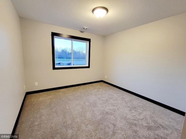 spare room featuring light colored carpet and a textured ceiling