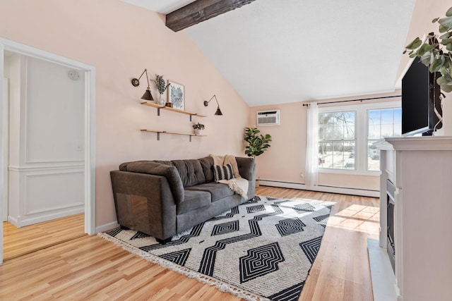 living room with lofted ceiling with beams, an AC wall unit, baseboard heating, and light wood-type flooring