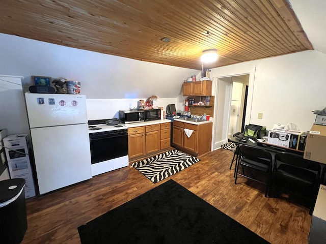 kitchen featuring sink, wooden ceiling, white refrigerator, dark hardwood / wood-style flooring, and electric stove