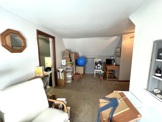 interior space with lofted ceiling and carpet