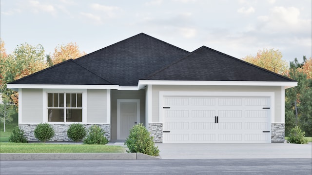 view of front facade with a garage, stone siding, roof with shingles, and concrete driveway