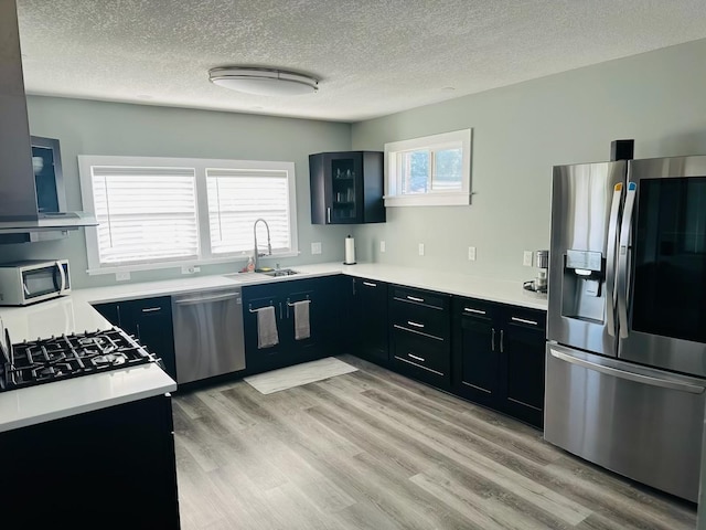 kitchen with appliances with stainless steel finishes, sink, light hardwood / wood-style flooring, and a textured ceiling