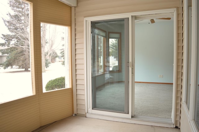 exterior space with a healthy amount of sunlight, wooden walls, and carpet