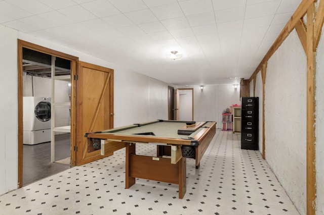 playroom with billiards and washer / dryer