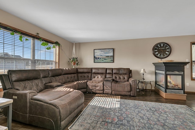 living room with baseboards, wood finished floors, and a multi sided fireplace