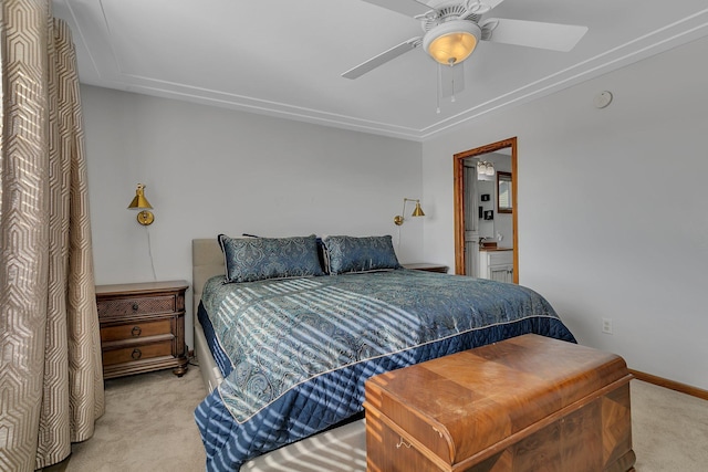 carpeted bedroom featuring ceiling fan and baseboards