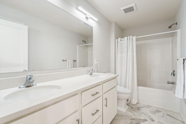 18338 Dove Ct, Eden Prairie, MN 55347 - full bathroom featuring shower / bathtub combination with curtain, vanity, and toilet