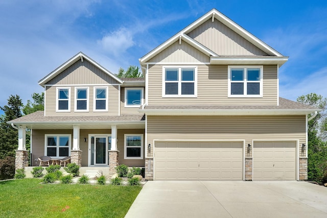 18338 Dove Ct, Eden Prairie, MN 55347 - craftsman house with a garage, a front lawn, and a porch
