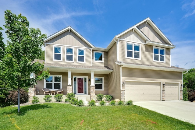 18338 Dove Ct, Eden Prairie, MN 55347 - craftsman inspired home featuring a garage, covered porch, and a front lawn