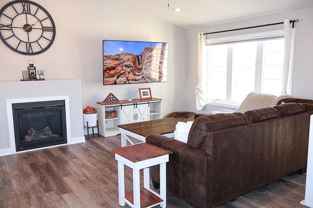 living room featuring dark wood-type flooring and lofted ceiling