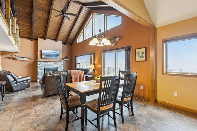 dining space featuring baseboards, beamed ceiling, a fireplace, wooden ceiling, and high vaulted ceiling