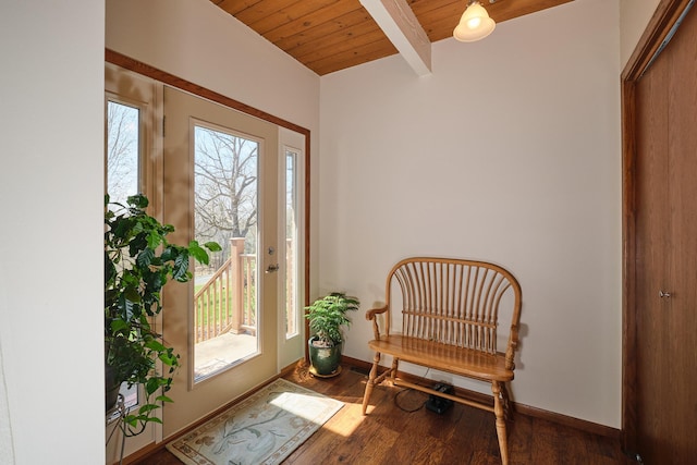 doorway to outside with beamed ceiling, wooden ceiling, and dark hardwood / wood-style flooring