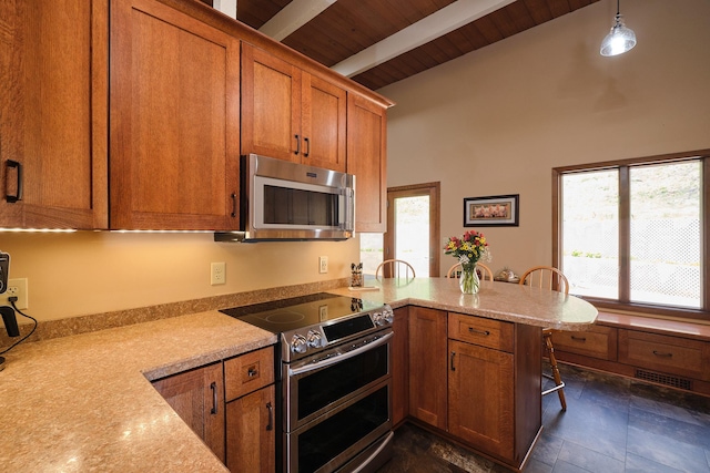 kitchen featuring appliances with stainless steel finishes, decorative light fixtures, kitchen peninsula, and plenty of natural light