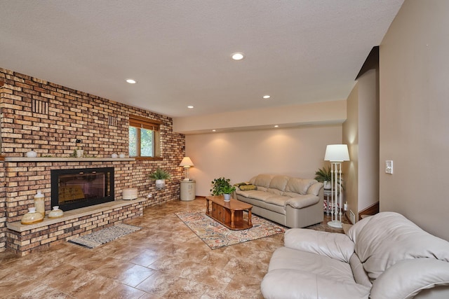 living room featuring a fireplace, a textured ceiling, and brick wall