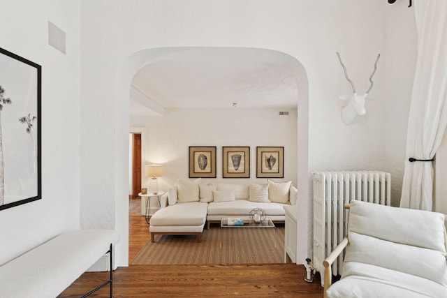 living room with hardwood / wood-style flooring and radiator