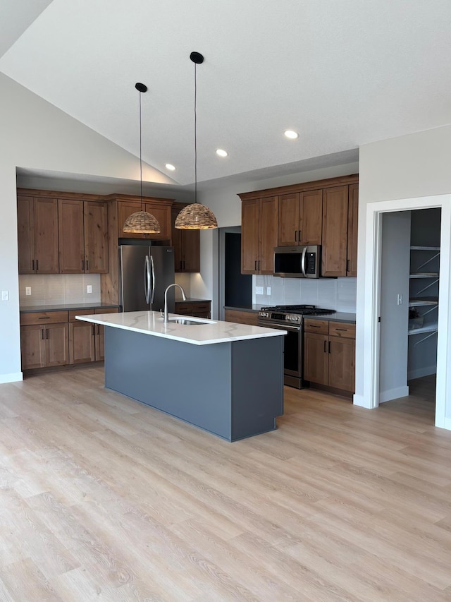 kitchen featuring a sink, light wood-style floors, appliances with stainless steel finishes, and an island with sink