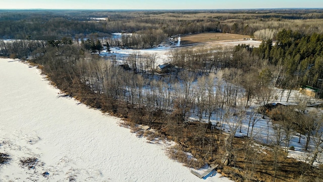 snowy aerial view featuring a water view