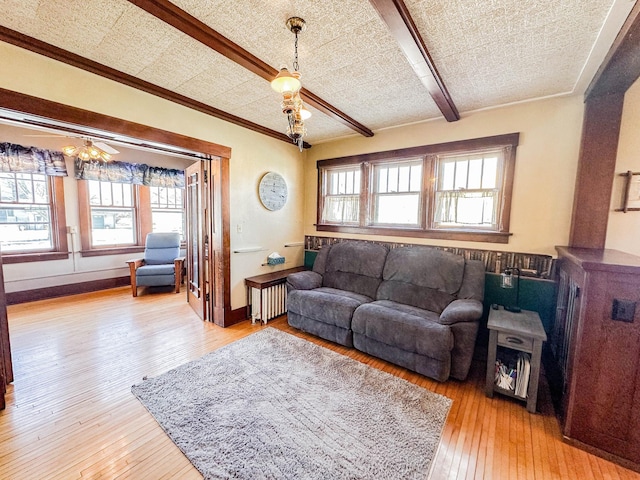 living room with radiator and light wood-type flooring