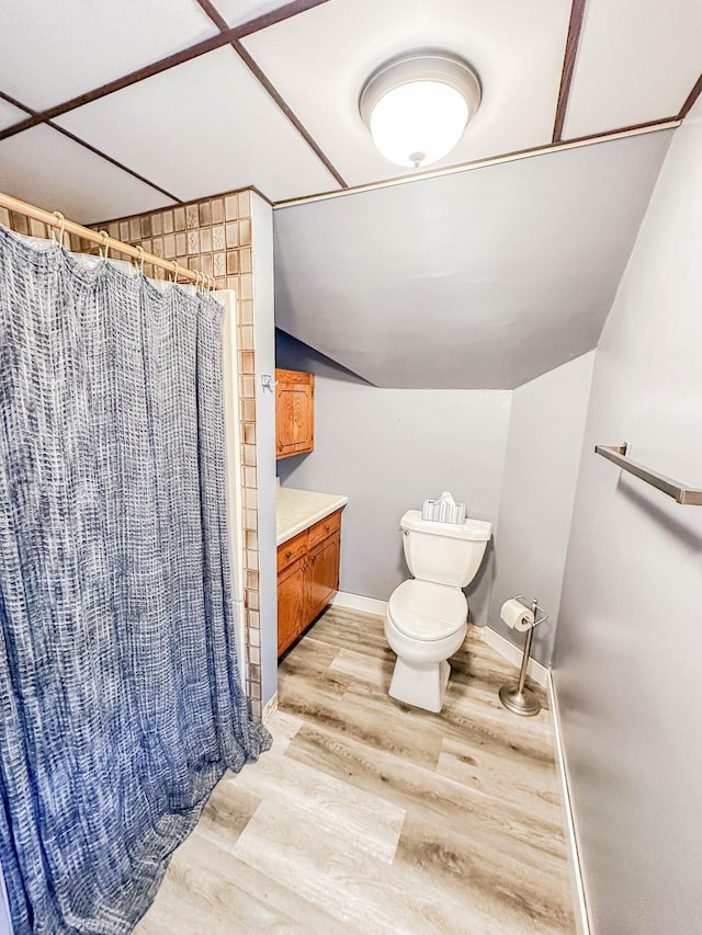 bathroom featuring vaulted ceiling, curtained shower, wood-type flooring, vanity, and toilet