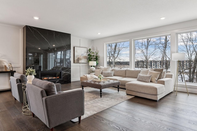 living room featuring a healthy amount of sunlight, dark wood-type flooring, and a fireplace