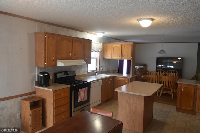 kitchen featuring sink, stainless steel gas range, hanging light fixtures, a center island, and white dishwasher