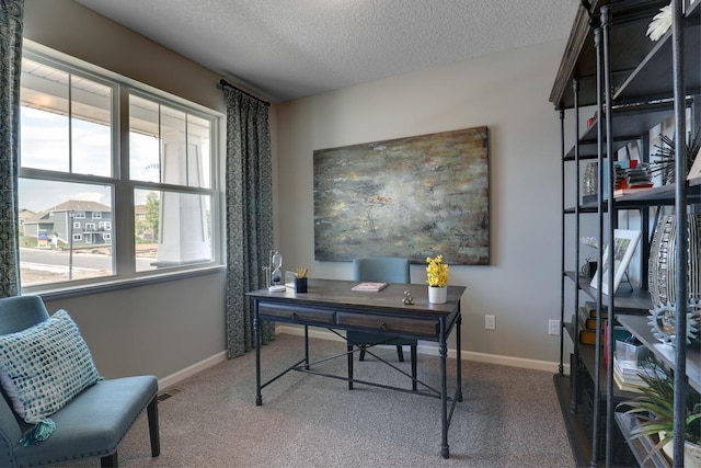 office featuring carpet flooring, a textured ceiling, and baseboards