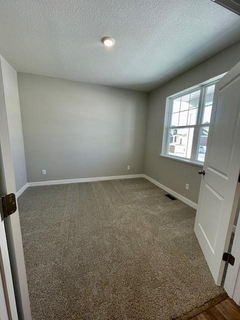 carpeted empty room with a textured ceiling