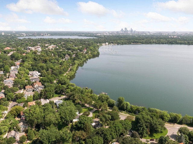 drone / aerial view with a water view