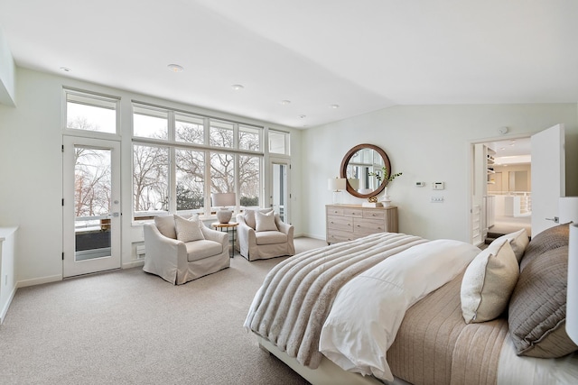 bedroom with vaulted ceiling, light carpet, and access to outside