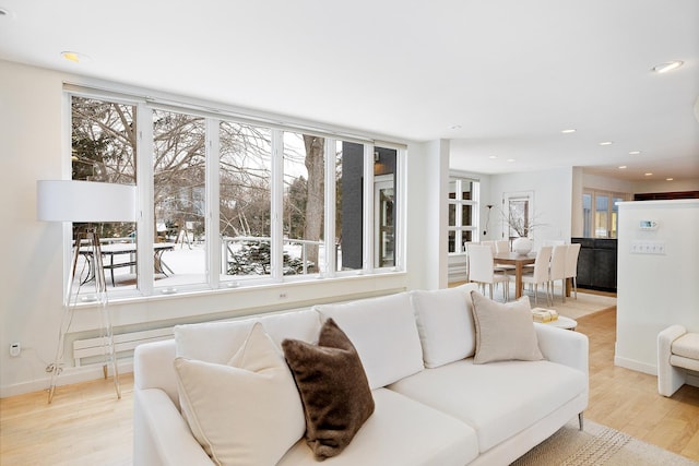 living room featuring a wealth of natural light and light hardwood / wood-style flooring