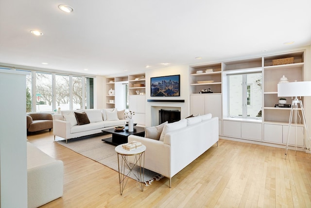 living room with built in shelves and light hardwood / wood-style floors