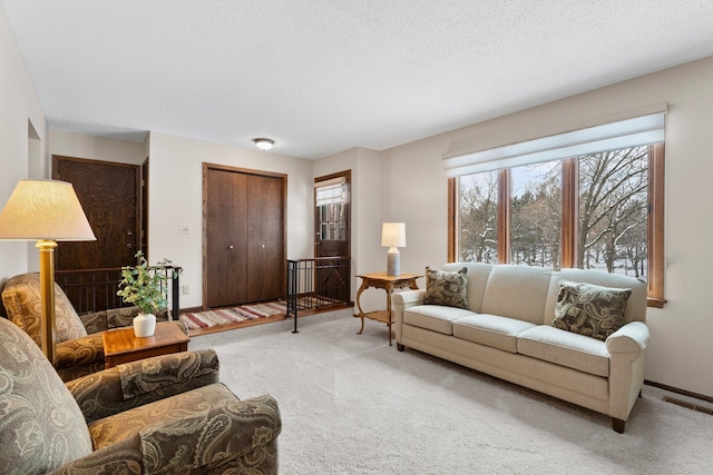 living room with carpet and a textured ceiling