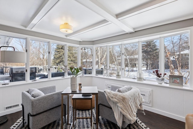 sunroom with coffered ceiling and beamed ceiling