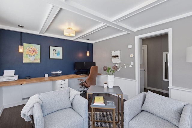 living room featuring coffered ceiling, built in desk, dark wood-type flooring, and beamed ceiling