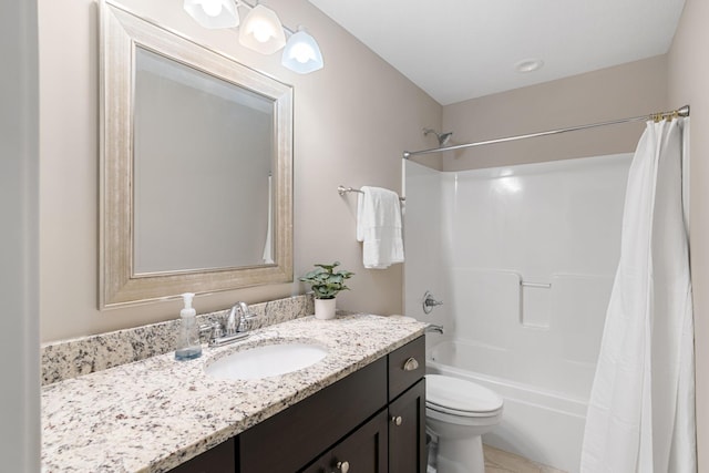 full bathroom with vanity, shower / bath combination with curtain, and toilet