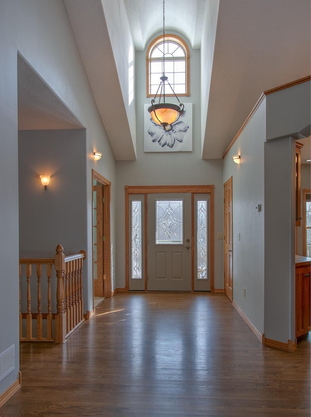 entryway with dark hardwood / wood-style floors and a high ceiling