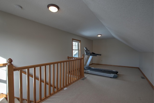 workout room featuring lofted ceiling, a textured ceiling, and carpet flooring