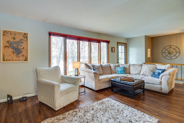 living room featuring dark hardwood / wood-style floors and a textured ceiling