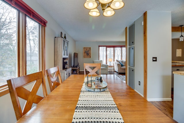 dining room featuring hardwood / wood-style flooring, a notable chandelier, and a textured ceiling