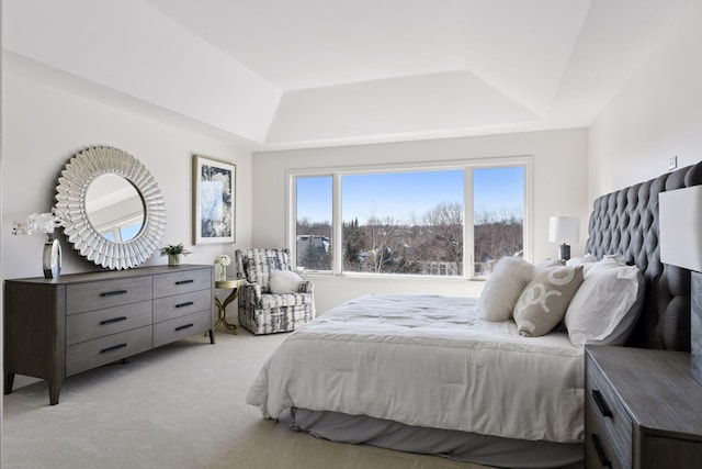 bedroom with a tray ceiling and light colored carpet