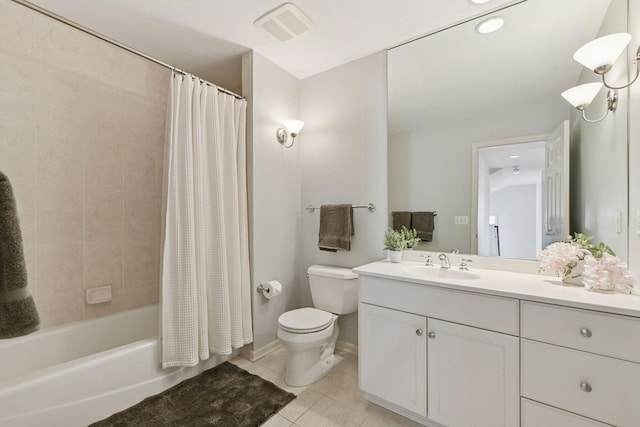 bathroom featuring visible vents, toilet, shower / bath combo, tile patterned floors, and vanity