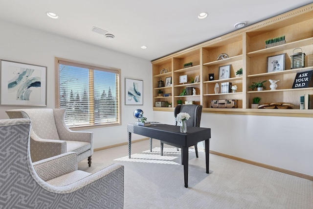 carpeted office space with recessed lighting and baseboards