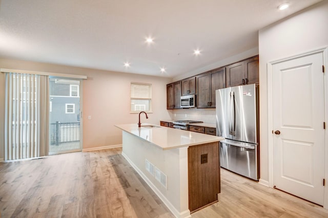 kitchen featuring appliances with stainless steel finishes, sink, backsplash, a kitchen island with sink, and light wood-type flooring