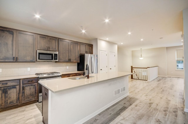 kitchen featuring a kitchen island with sink, sink, backsplash, and stainless steel appliances