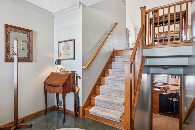 stairs featuring ornamental molding