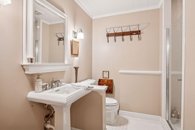 bathroom featuring an enclosed shower, crown molding, tile patterned flooring, and toilet