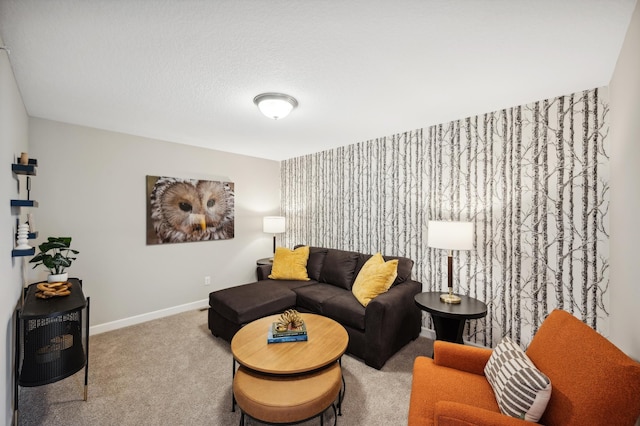 carpeted living room with a textured ceiling