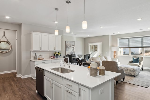 12450 Waterside Ct, Rogers, MN 55374 - kitchen with a sink, open floor plan, dishwasher, dark wood-style floors, and recessed lighting