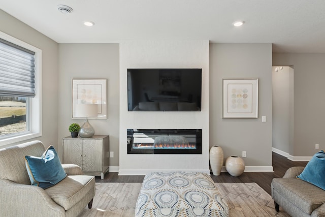 12450 Waterside Ct, Rogers, MN 55374 - living room with wood finished floors, baseboards, a glass covered fireplace, and recessed lighting