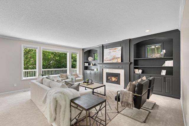 6229 Morningside Cir, Eden Prairie, MN 55344 - living room with a tiled fireplace, crown molding, light colored carpet, a textured ceiling, and built in features